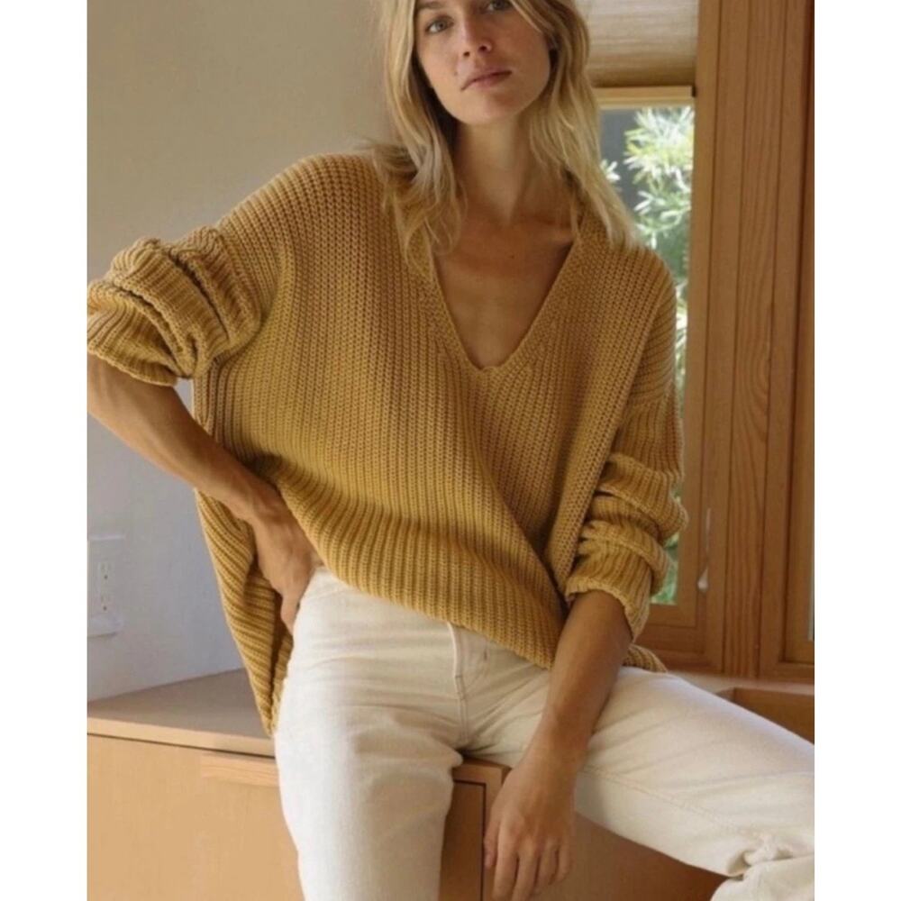 Jenni Kayne Cabin Knit Sweater Women's Large Mustard V-Neck Organic Cotton NWT